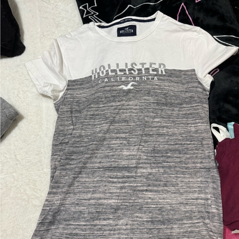 Hollister White and Gray Logo Tee